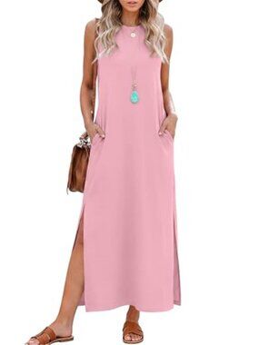 RUMIA Pink Maxi Dress Sleeveless Side Slit Casual Dress with Pockets